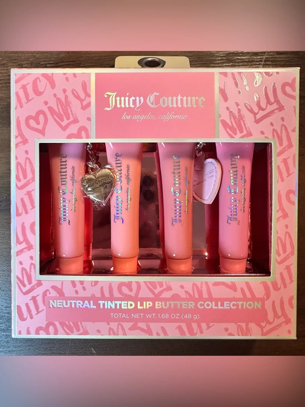 Juicy Couture 4 Piece Neutral Tinted Lip Butter Collection With Charm NEW